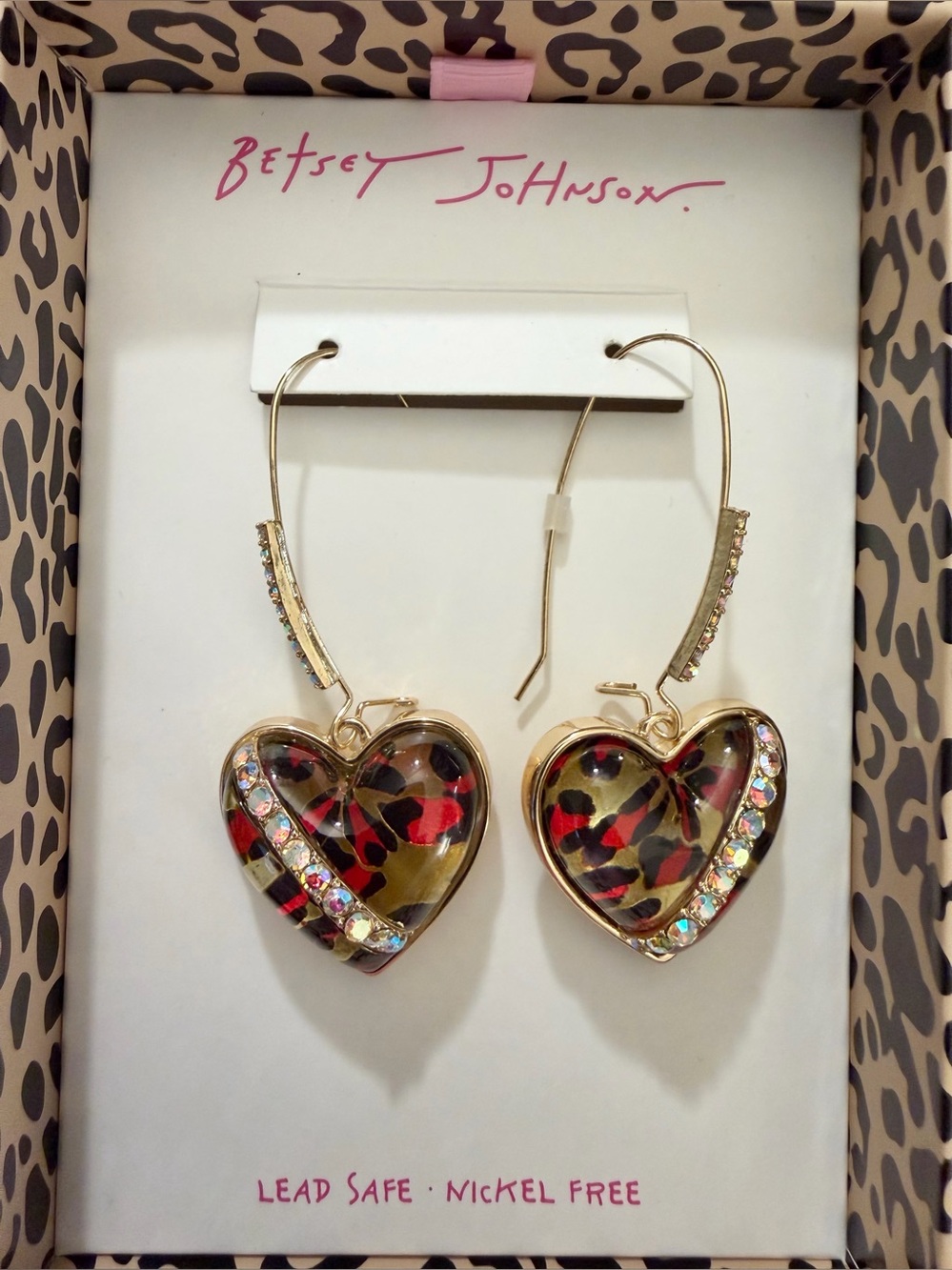 Betsey Johnson Gold-Tone Crystal Leopard Print Heart Earrings NIB! - Picture 2 of 5